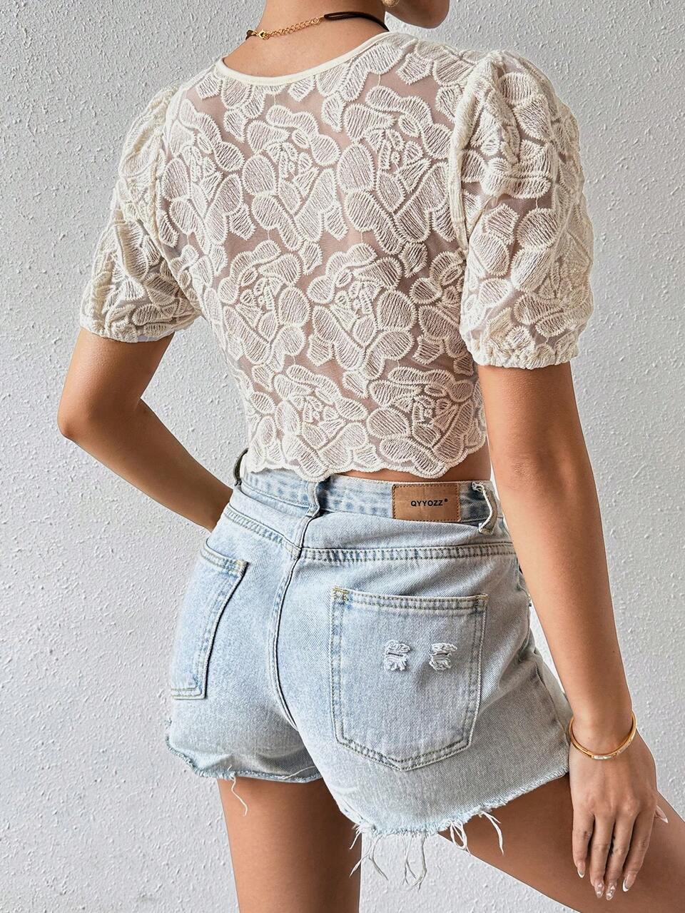 Embroidered Mesh Puff Sleeve Cropped Shirt