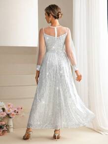 SHEIN Belle Long Sleeve Evening Party Dress With Glittery Mesh Element - White - View 2