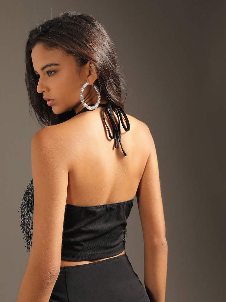 Women's Fringed Patchwork Crop Top With Halter Neckline