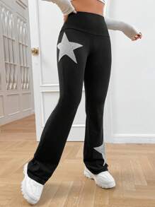 SHEIN EZwear Quần dài ống loe họa tiết ngôi sao đen Y2K dành cho nữ - màu đen - Xem 3