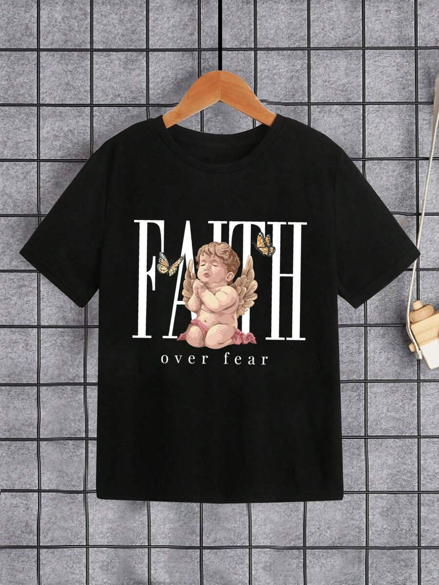 Tween Boy's Angel And Letter Print Short Sleeve T-Shirt - Black - View 1