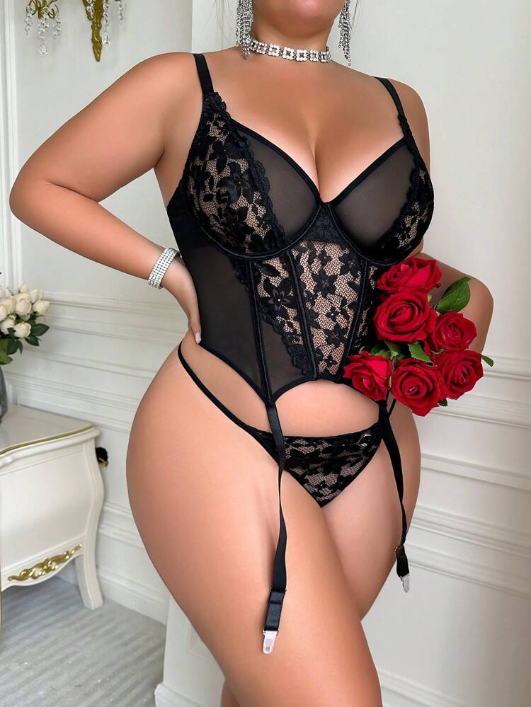 2pcs/Set Plus Size Lace Splicing Mesh Push Up Bra With Underwire, Sexy Lingerie