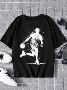 SHEIN Leap Crew Tween Boy Short Sleeve Crew Neck T-Shirt With Character Print Design - Black - View 1