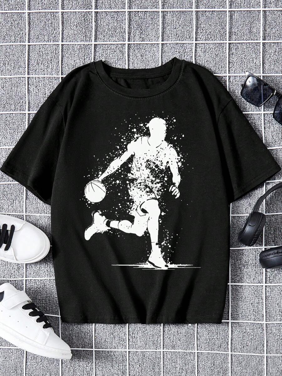 SHEIN Leap Crew Tween Boy Short Sleeve Crew Neck T-Shirt With Character Print Design - Black - View 1