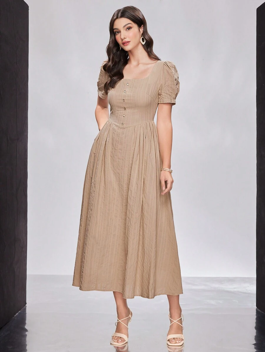 Modelyn Của phụ nữ Cổ vuông Ngắn Ống tay áo Đầm Với Xù Hoa Sen - Màu Khaki - Xem 1