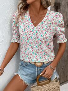 Breezaya 小碎花印花 V 领泡泡袖衬衫 - 粉色 - 查看 5