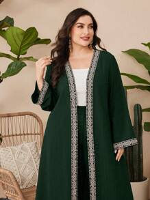 Al Najma 大尺碼編織拼接外套和寬腿褲套裝 - 墨綠色 - 查看 4