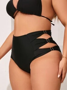 Swim Lushoire 大尺碼夏季海灘單色高腰中空比基尼下褲 - 黑色 - 查看 1