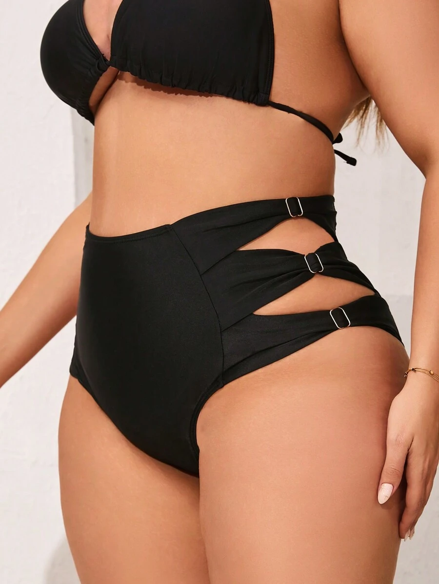 Swim Lushoire 大尺碼夏季海灘單色高腰中空比基尼下褲 - 黑色 - 查看 1