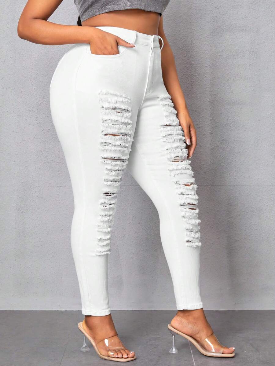 SHEIN SXY Plus Size Solid Color Distressed Skinny Jeans - White - View 1