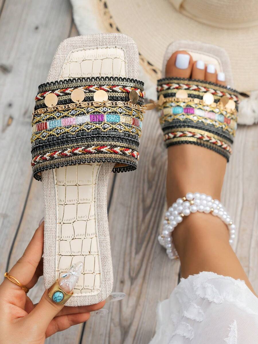 女士平底拖鞋，带链条、刺绣和亮片装饰，夏季沙滩鞋 - 黑色 - 查看 1