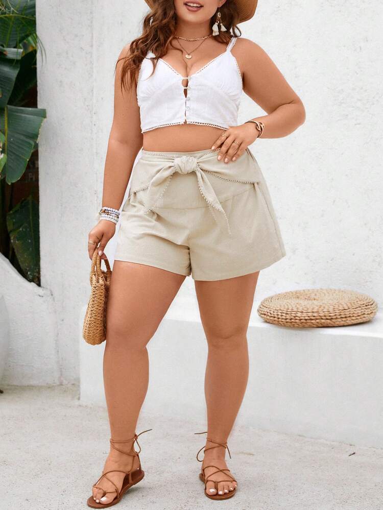 Plus Size Loose Fit Elastic Waist Drawstring Front Mid Rise Shorts For Vacation