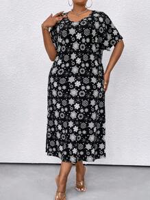 SHEIN LUNE Vestido Estampado De Manga Corta Con Cuello En V Y Tamaño Extra Para Mujer - Negro - Ver 3