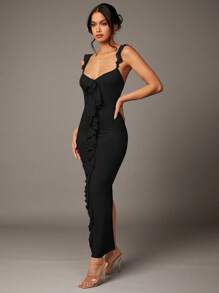 Silquee Valentine's Day Dress Red Mesh Ruffle Three-Dimensional Flower Decoration Women's Long Dress - Black - View 6
