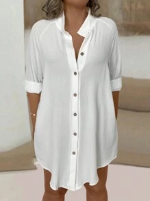 EMERY ROSE Plus Solid Button Front Blouse Women Shirt Fall Cloth For Women - White - View 1