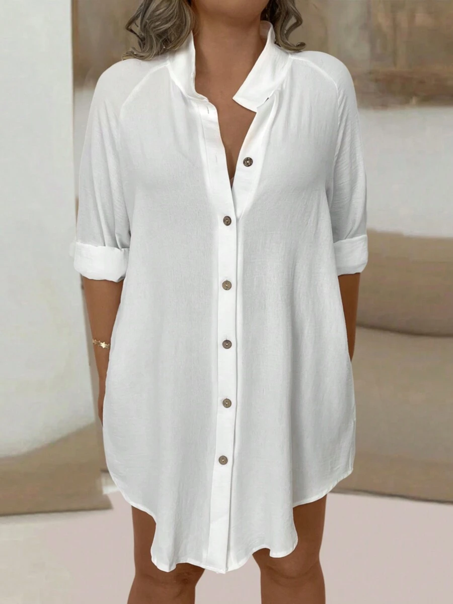 EMERY ROSE Plus Solid Button Front Blouse Women Shirt Fall Cloth For Women - White - View 1