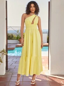 Soleia Women's Casual Vacation One Shoulder Sleeveless Jumpsuit With Ruffle Trim And Wide Leg - Yellow - View 4