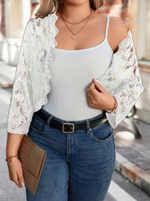 SHEIN Unity Kích thước lớn Viễn cảnh Ren Áo khoác - trắng - Xem 4