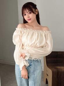 FRIFUL Camisa De Hombro Descubierto Sólido De Las Mujeres Con Manga De Volantes Y Pliegues - Beis - Ver 6