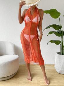 Breezaya Ladies' Hollow Out & See-Through Solid Color Halter Neck Sweater Dress