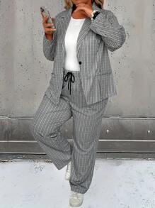 SHEIN LUNE Conjunto De Traje De Talla Grande De Mujer Con Cuello De Solapa A Cuadros Y Un Botón - Multicolor - Ver 6