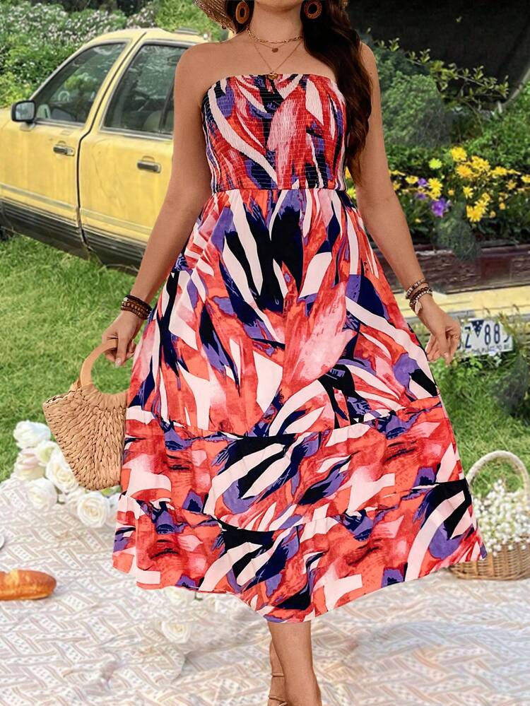 Plus Size Women's Full Printed Shirred Strapless Dress