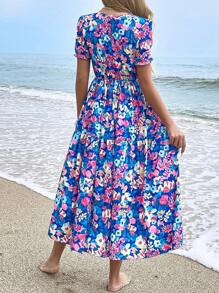 Breezaya 女士花卉印花圆领短款泡泡袖连衣裙超长度假海滩装