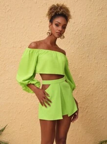 AMARI MONEE 设计师商务休闲露肩灯笼袖短款衬衫，适合秋季、假日、度假、春季、节日、办公室 - 綠色 - 查看 5