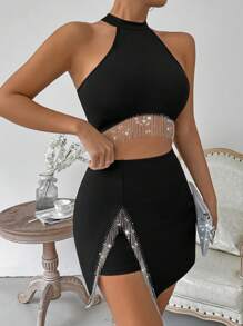 VaVaBold Top Corto De Lentejuelas Y Borlas Decorado Con Dobladillo Asimétrico Y Conjunto De Falda Entallada Al Cuerpo