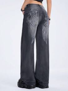 ROMWE Grunge Punk Back Wings Printed Straight Cut Denim Jeans - Black - View 4