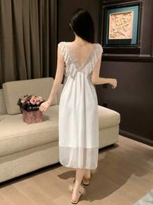DAZY Women Romantic Mesh Lace Splicing Ruffle Trim Backless Nightgown Pajama - White - View 2