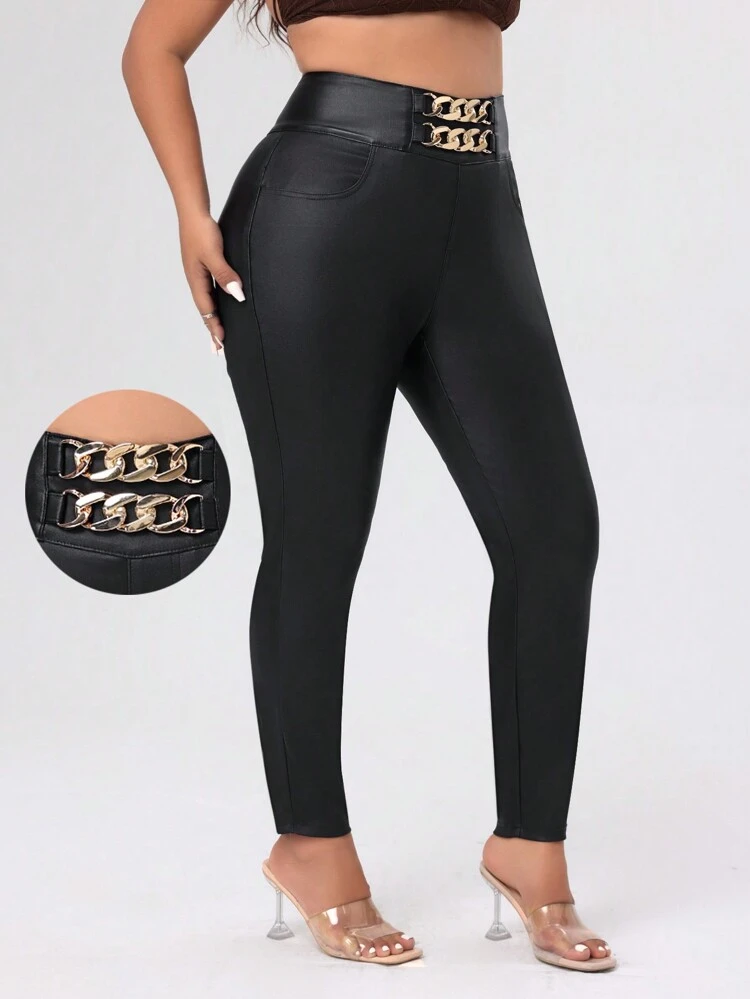 Plus Size Metallic Chain Decorated Black Coated Skinny Pants With Elasticity Fall Cloth For Women