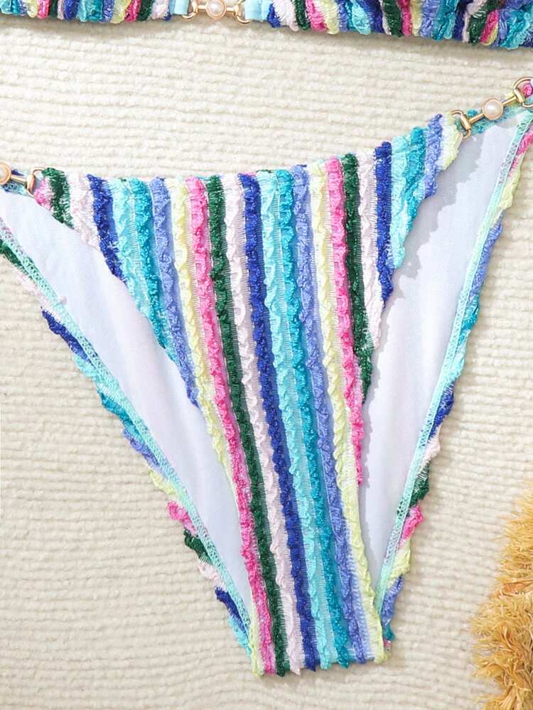Summer Striped Textured V-Neck Halter Bikini Set