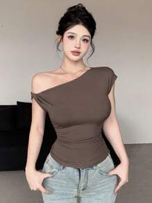 DAZY Women's Off Shoulder Wrap-Front Minimalist Sexy T-Shirt