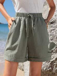EMERY ROSE Pantalones cortos de verano verdes casuales de mujer de algodón con cintura elástica, dobladillo enrollado, bolsillo en ángulo
