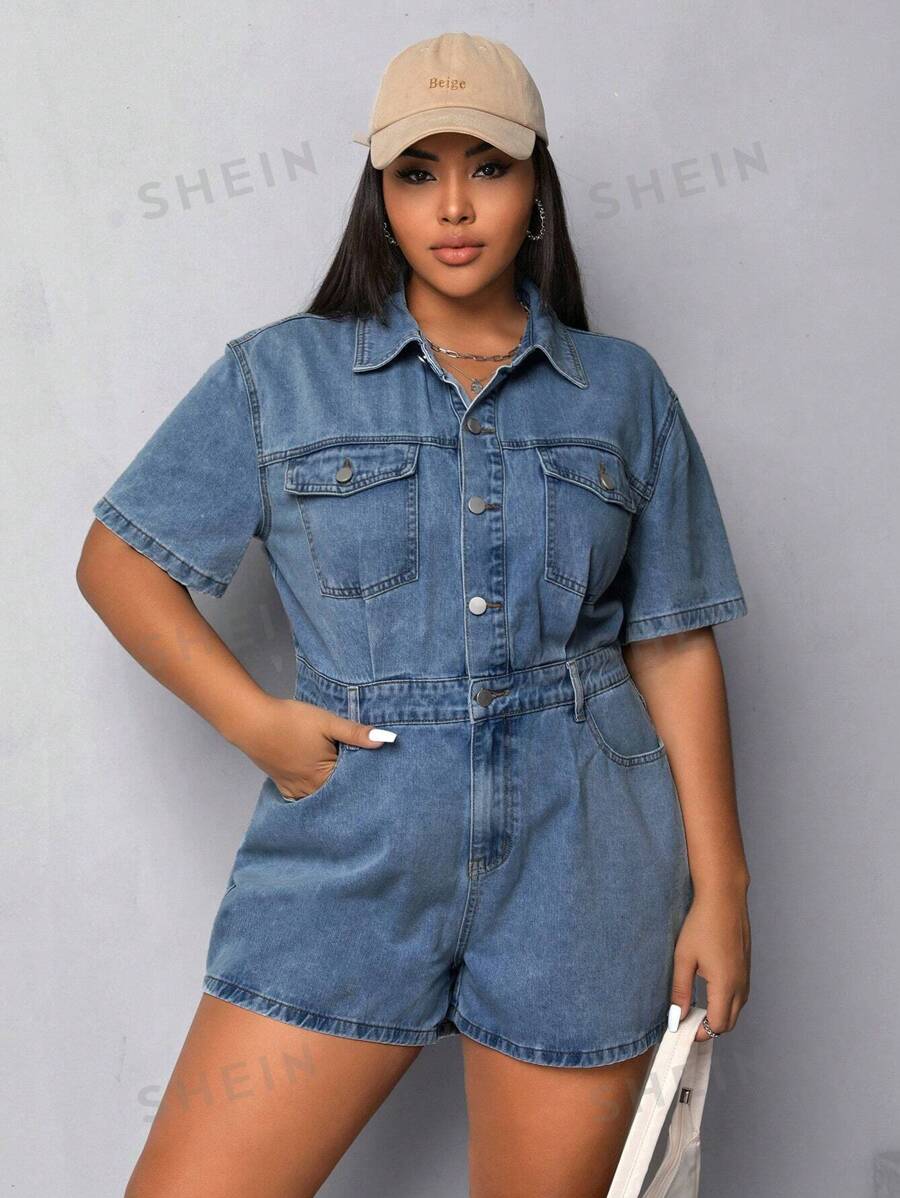 SHEIN EZwear Plus Size ButtonFront Half Placket Short Sleeve Denim