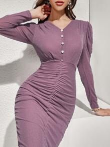 Modelyn Women'S Plain Color Button Detail Pleated V-Neck Bodycon Dress - Dusty Pink - View 1