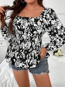 Franclia 大碼花卉印花方領燈籠袖襯衫