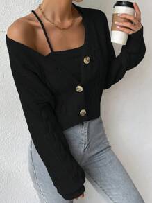 EMERY ROSE Solid Color Knitted Camisole Top And Buttoned Cardigan Fall Winter Cloth For Women - Black - View 5