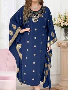 SHEIN LUNE 大尺寸圖案印花蝙蝠袖連身裙 - 藍色 - 查看 4