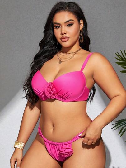 Plus Size Women's Plain Bikini Set With 3d Flower Decoration Summer Beach