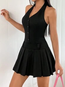 SHEIN EZwear Ladies' Solid Color Pleated Hem Halter Neck Dress