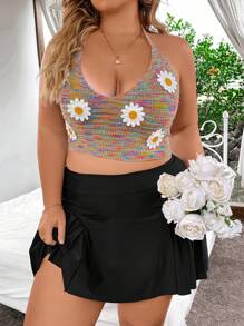 Flirla Top De Punto Para Mujer Con Aplicaciones De Margarita En Cuello Halter De Talla Grande, Tela Mezclada