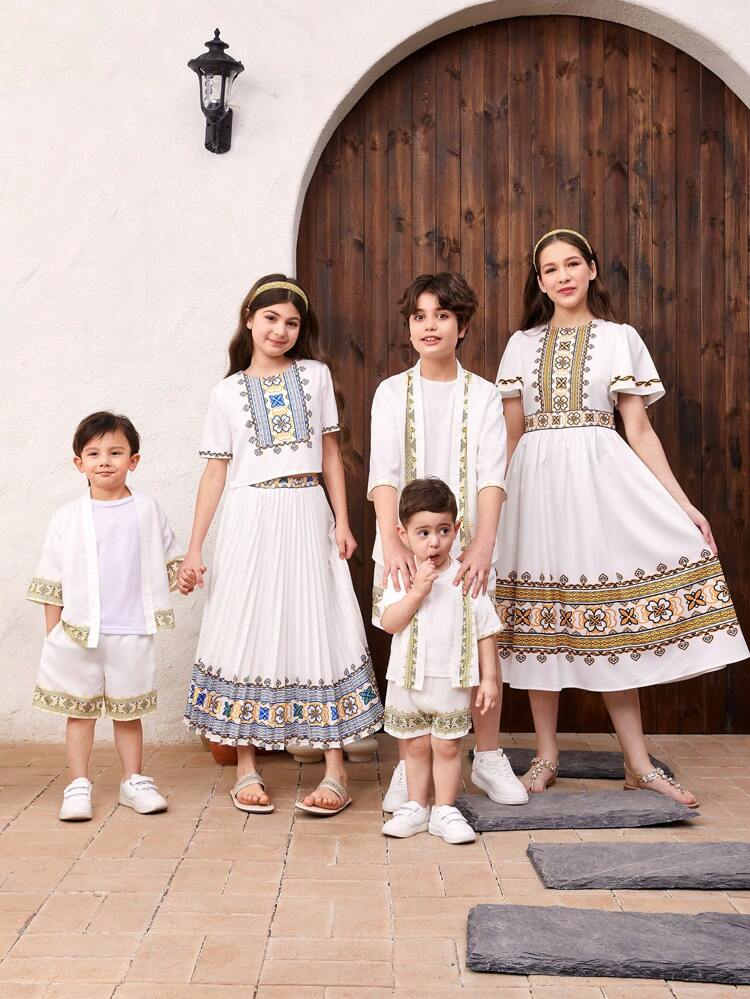 Tween Girls' Floral Print Top And Pleated Skirt Set, Cute Round Neckline Design For Modesty And Vacation, Spring/Summer