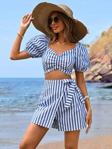 SHEIN VCAY 女性春夏假期藍白條紋短泡泡袖短上衣和平口短裙套裝 - 藍白色 - 查看 1
