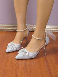 Của phụ nữ 2024 Mới Bộ sưu tập Pha lê Cao gót Với Chi tiết cung - Bạc - Xem 5