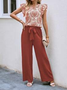 SHEIN LUNE Women's Two Pieces Set With Plant Print Ruffle Sleeve Top And Pants For New Year Clothes - Red - View 4