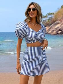 SHEIN VCAY 女性春夏假期藍白條紋短泡泡袖短上衣和平口短裙套裝 - 藍白色 - 查看 4