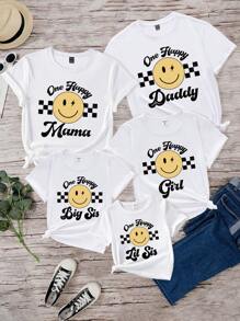 SHEIN Tween Girls' Fashionable Casual Check Patterned Smiling Face & Letter Print Short Sleeve T-Shirt - White - View 1