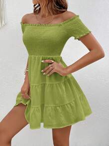 SHEIN VCAY Off Shoulder Ruffle Hem Solid Summer Dress